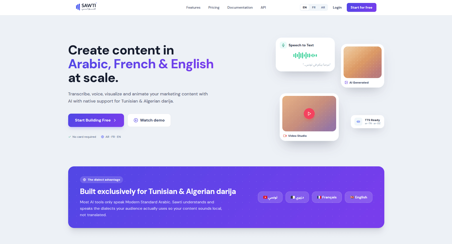 Sawti: AI Voice Studio for Tunisian Darija - Landing page: content creation in Arabic, French & English