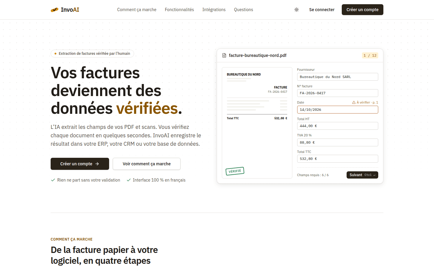 InvoAI — Système intelligent de gestion des factures - Page d'accueil : une facture extraite par l'IA, prête à être vérifiée