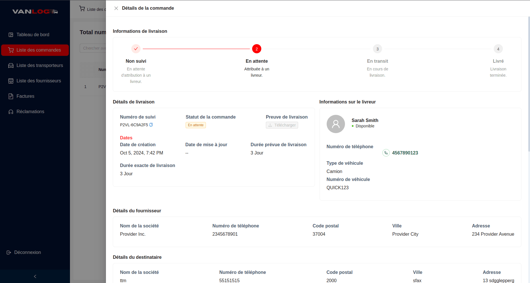 Vanlog Express: Delivery Management - Delivery order details and tracking